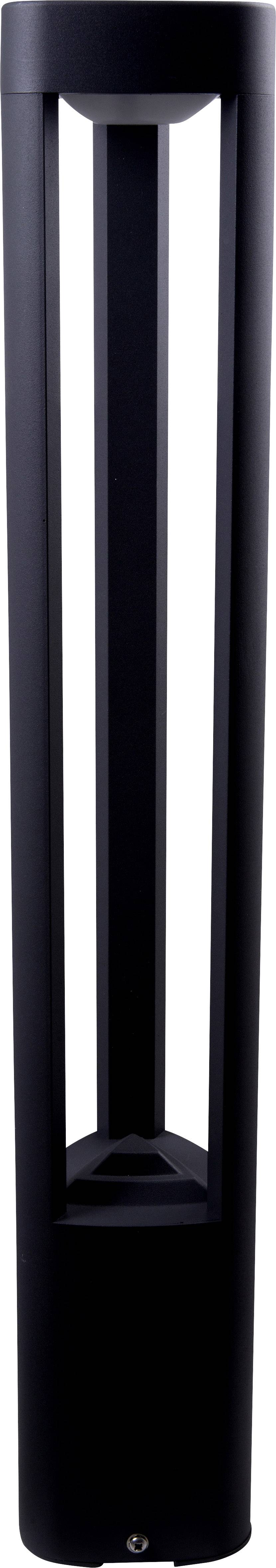 Čierna, moderná stojanová lampa v jednoduchom dizajne s otvorenými stranami a obdĺžnikovým tvarom. Vhodná do exteriéru.