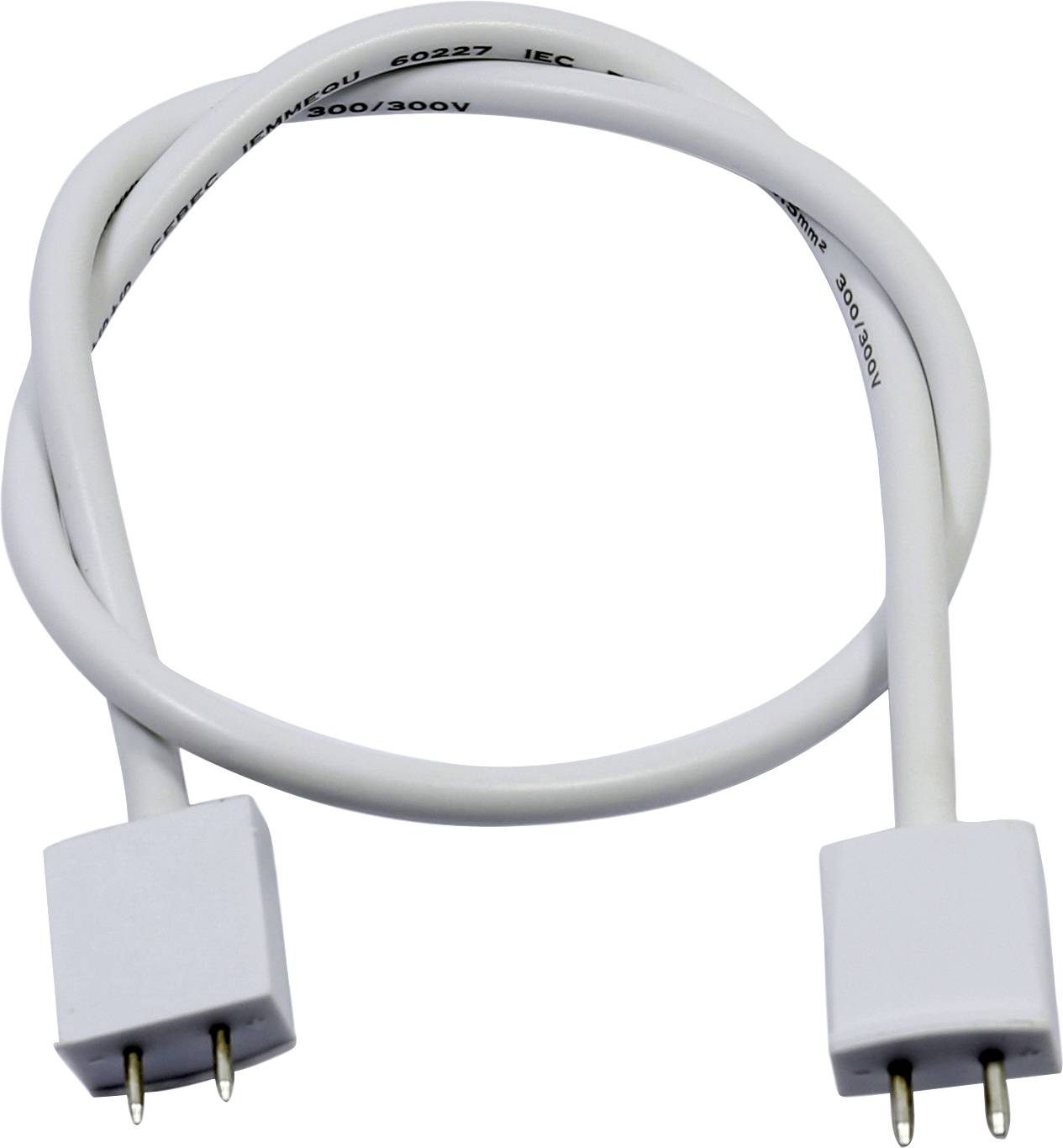 Biely elektrický kábel s dvoma obdĺžnikovými zástrčkami na koncoch; používa sa na elektrické prepojenie zariadení.