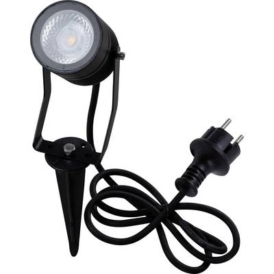 Čierny LED reflektor so zemným kolíkom a napájacím káblom, vhodný pre vonkajšie osvetlenie.