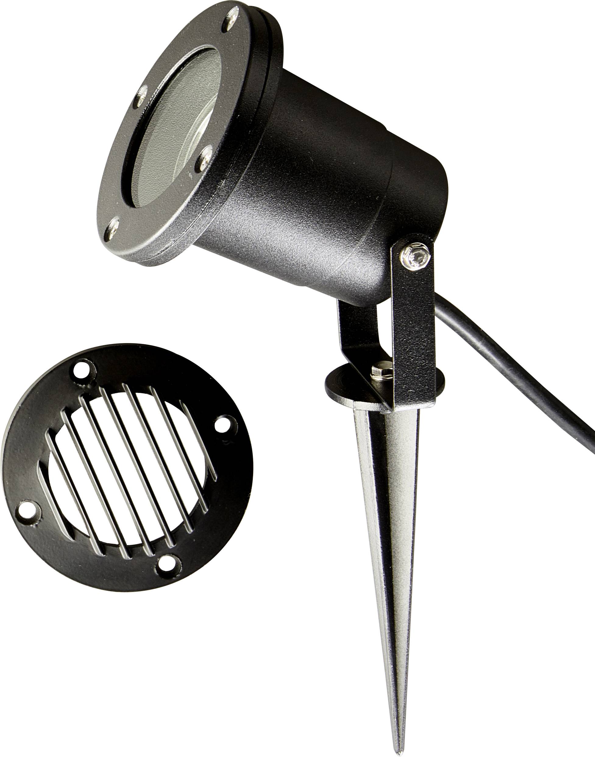 Čierna záhradná lampa so zemným kolíkom a guľatým krytom. Vhodná pre vonkajšie osvetlenie, robustný dizajn, odolná voči poveternostným vplyvom.