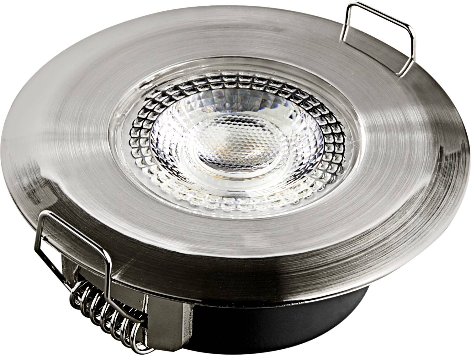 Okrúhle LED zapustené svietidlo so strieborným kovovým rámom a priehľadnou šošovkou centrované v strede obrazu. Ideálne pre modernú stropnú osvetľovaciu techniku.