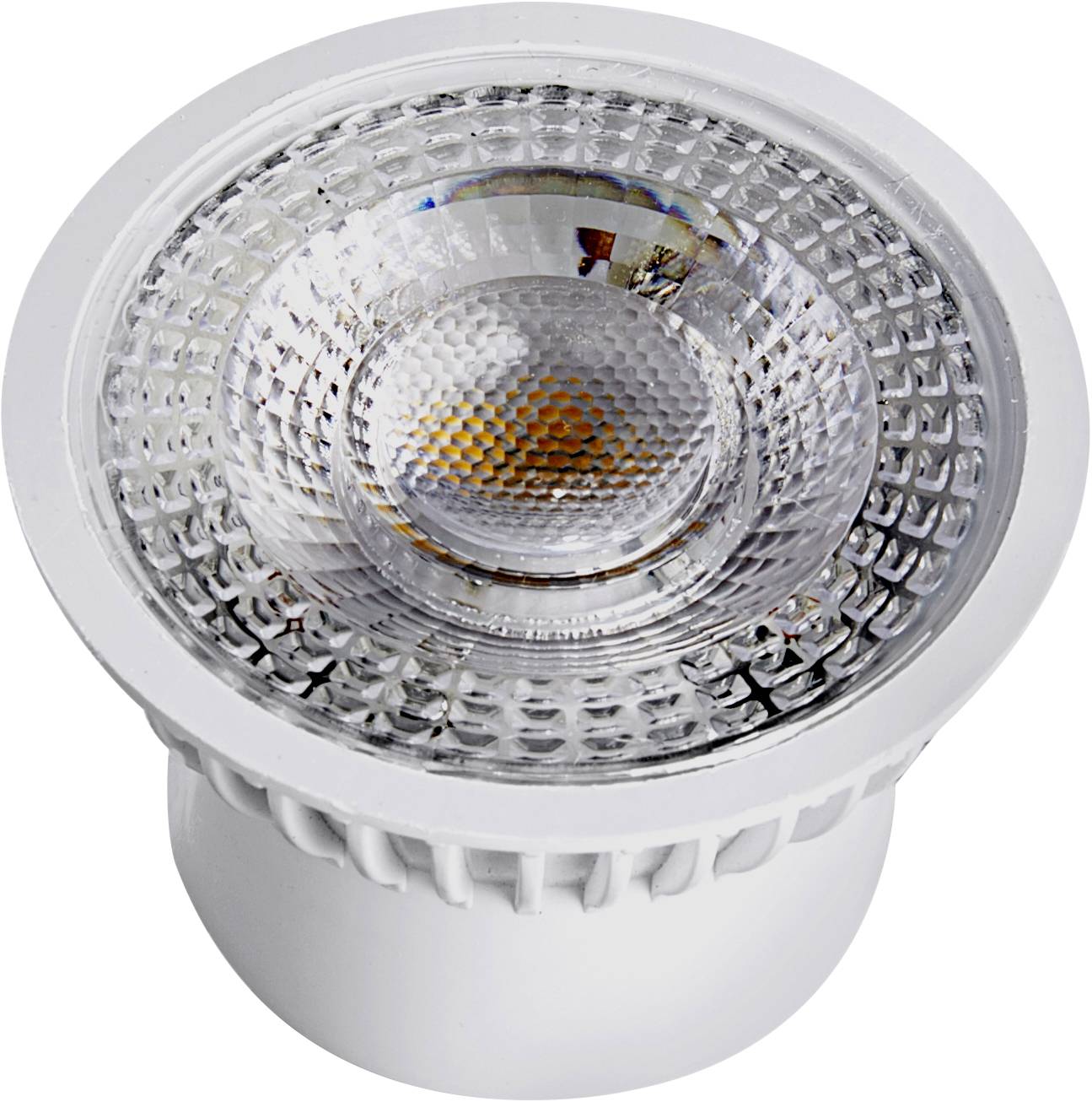 Detailný záber LED žiarovky v hliníkovom puzdre s reflexnou šošovkou, vhodnej pre bodové osvetlenie.