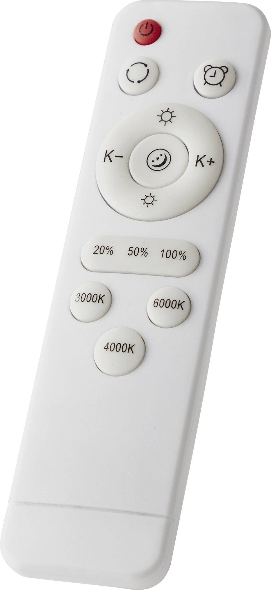 Biela diaľkové ovládanie s tlačidlami na ovládanie svetla: Zapnutie/Vypnutie, Intenzita (20%, 50%, 100%) a Farebná teplota (3000K, 4000K, 6000K).
