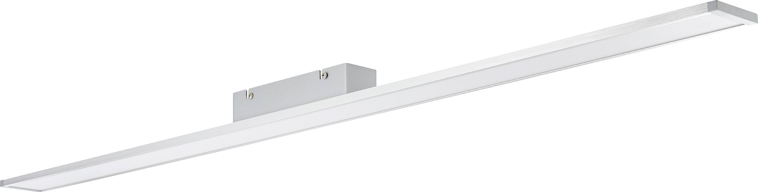 Dlhé, úzke LED svietidlo v striebornej farbe, namontované na obdĺžnikovom držiaku; vhodné pre modernú priestorovú osvetlenie.