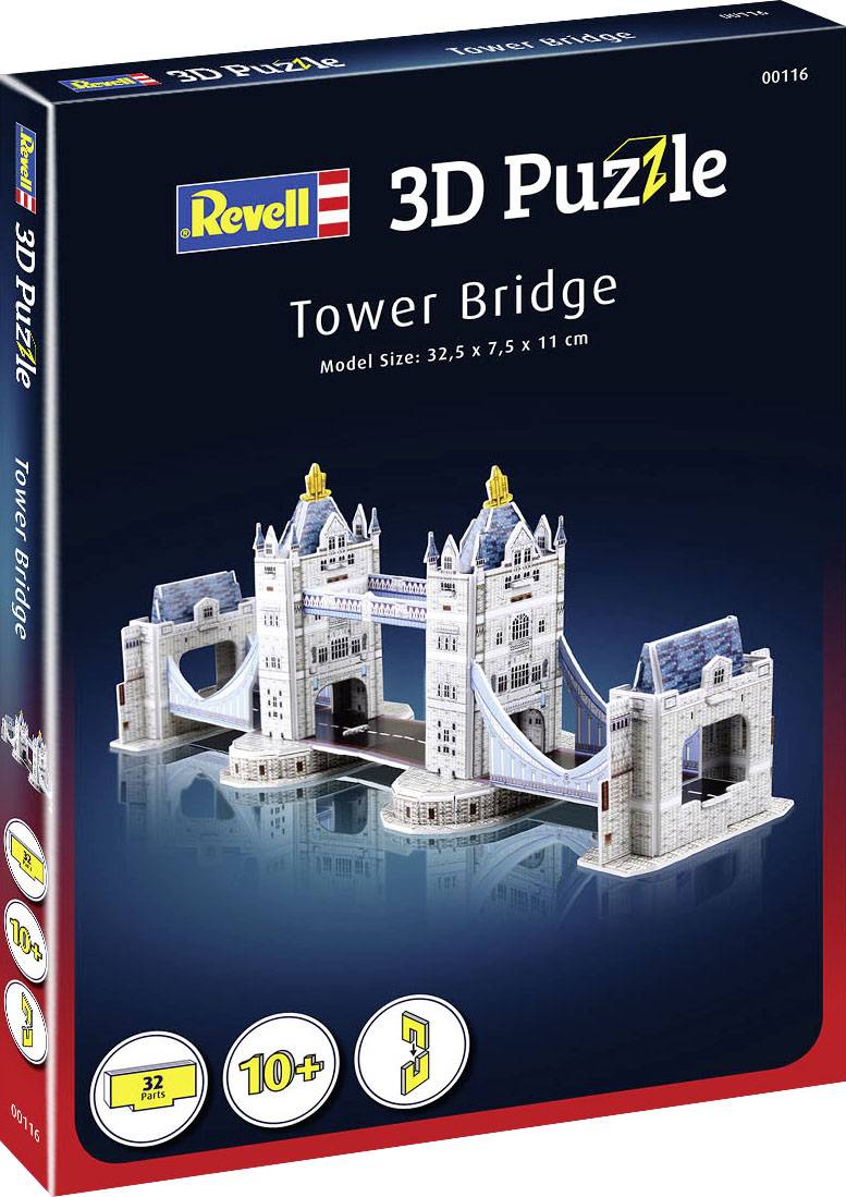 Obal sady Revell 3D Puzzle Tower Bridge zobrazuje model Tower Bridge s rozmermi po zostavení 32,5 x 7,5 x 11 cm. Odporúčaný vek: od 10 rokov.