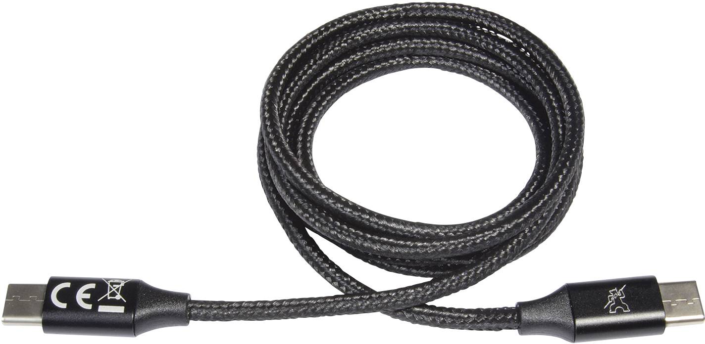 Čierny USB nabíjací kábel s textilným obalom, ktorý má označenie CE a symbol koša.
