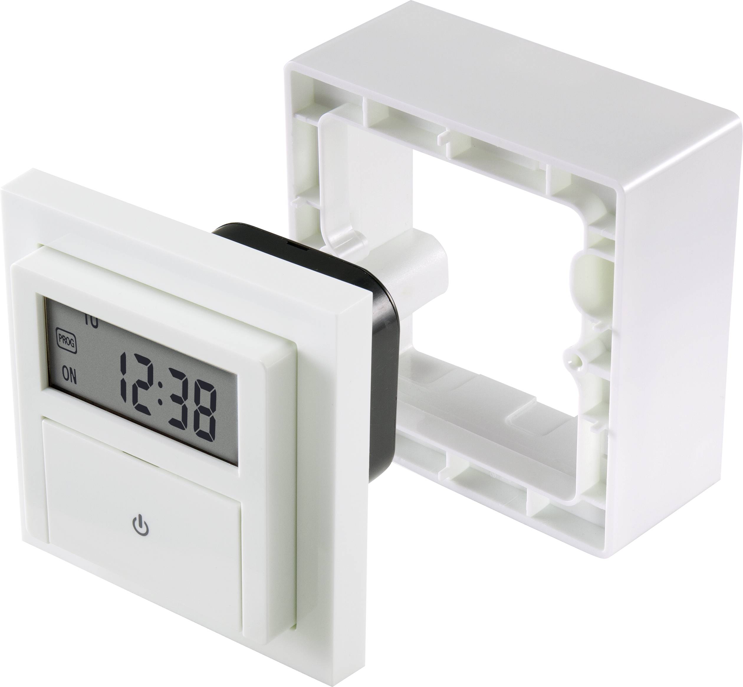 Digitálne spínacie hodiny s displejom, zobrazujú čas 12:38. Zariadenie a držiak sú zobrazené samostatne.