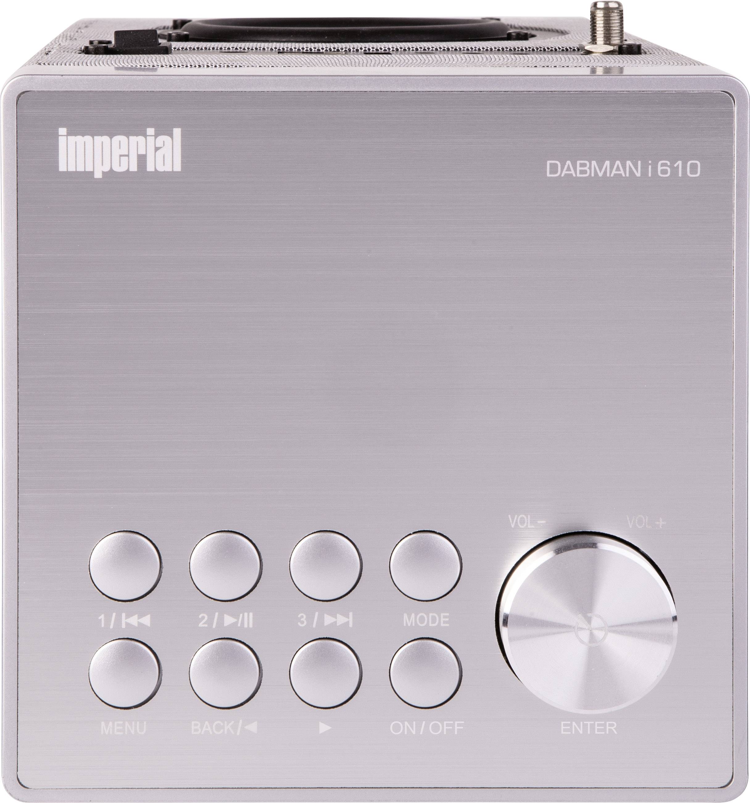 Digitálne rádio Imperial Dabman i610, pohľad spredu: strieborný kryt s ovládacími tlačidlami a veľkým regulátorom hlasitosti.