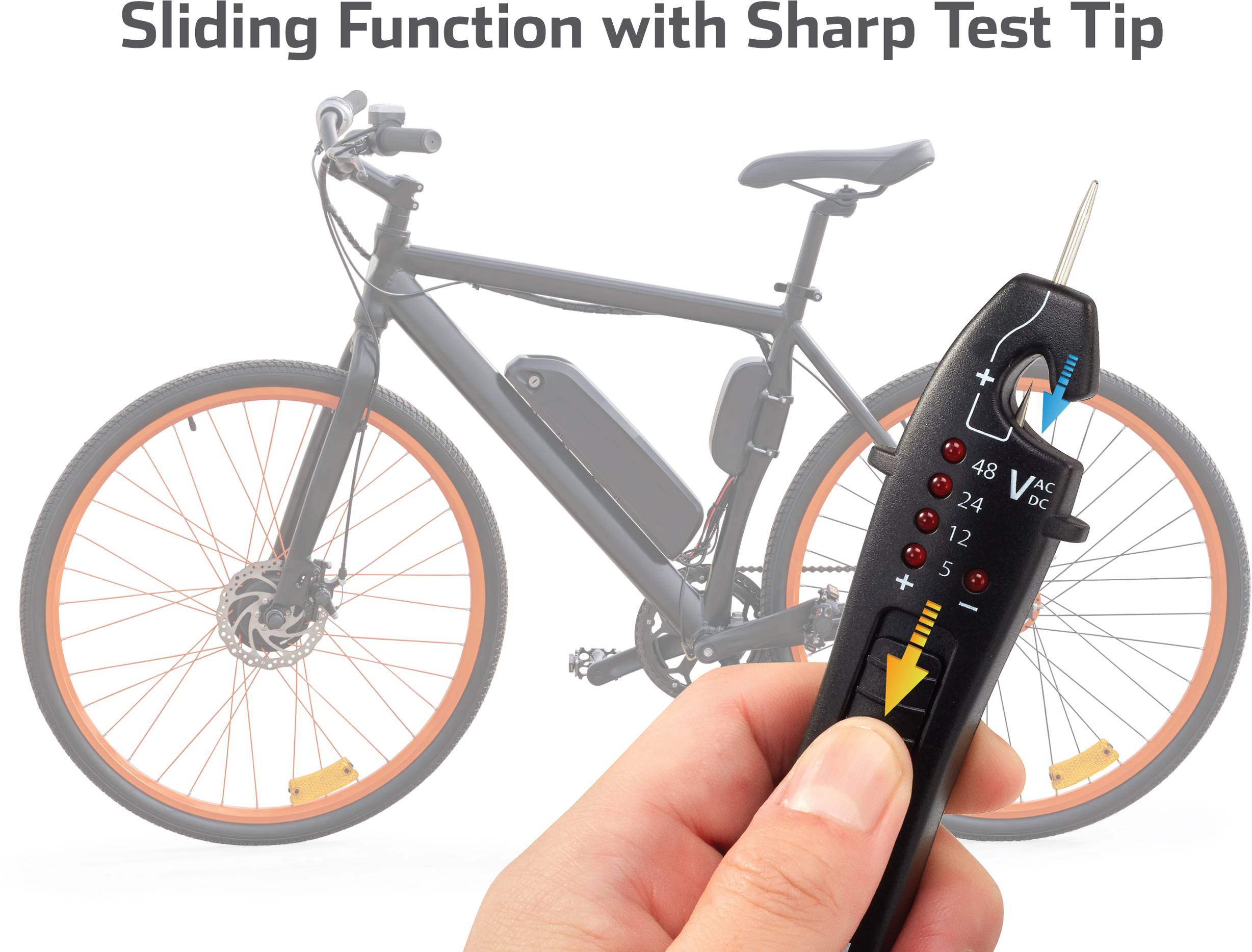 Elektrický bicykel v pozadí. V popredí drží ruka testovacie zariadenie s nápisom 'Posuvná funkcia so špicatým testovacím hrotom'.