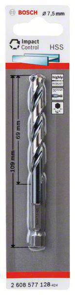 Vrták 'Bosch' z kovu, 7,5 mm, dĺžka 109 mm, HSS, Impact Control, určený na presné vŕtanie do tvrdých materiálov. Obal zobrazuje vrták.
