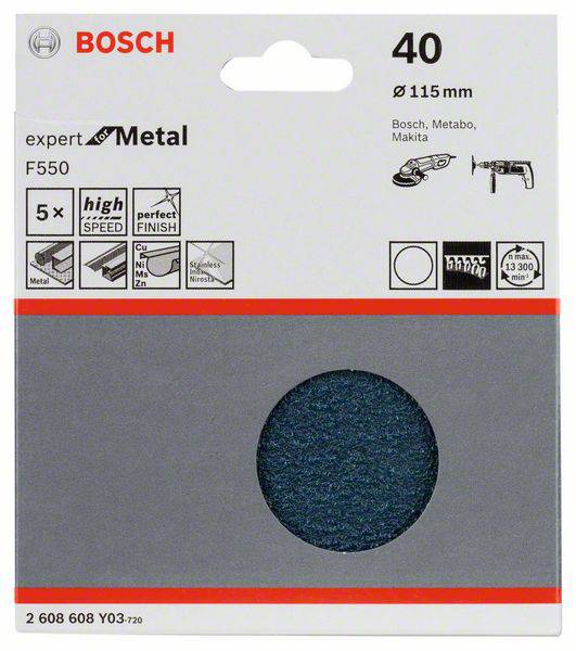 Brúsny list Bosch F550, zrnitosť 40, Ø115 mm, na kovy. Obsahuje symboly vysokej rýchlosti a dokonalého finálneho spracovania. Kompatibilný s nástrojmi Bosch, Metabo, Makita.