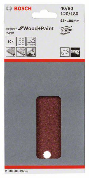 Sada brúsneho papiera od Boscha pre drevo a farbu, rozmery 93 x 186 mm, zrnitosť 40/80/120/180, 10 listov. Ilustrácia brúsnych listov.