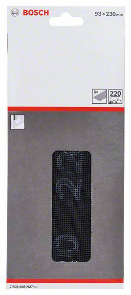 Obrázok zobrazuje balenie brúsnych listov Bosch, veľkosti 93 x 230 mm, so zrnitosťou 220, určené na opracovanie dreva a kovu.