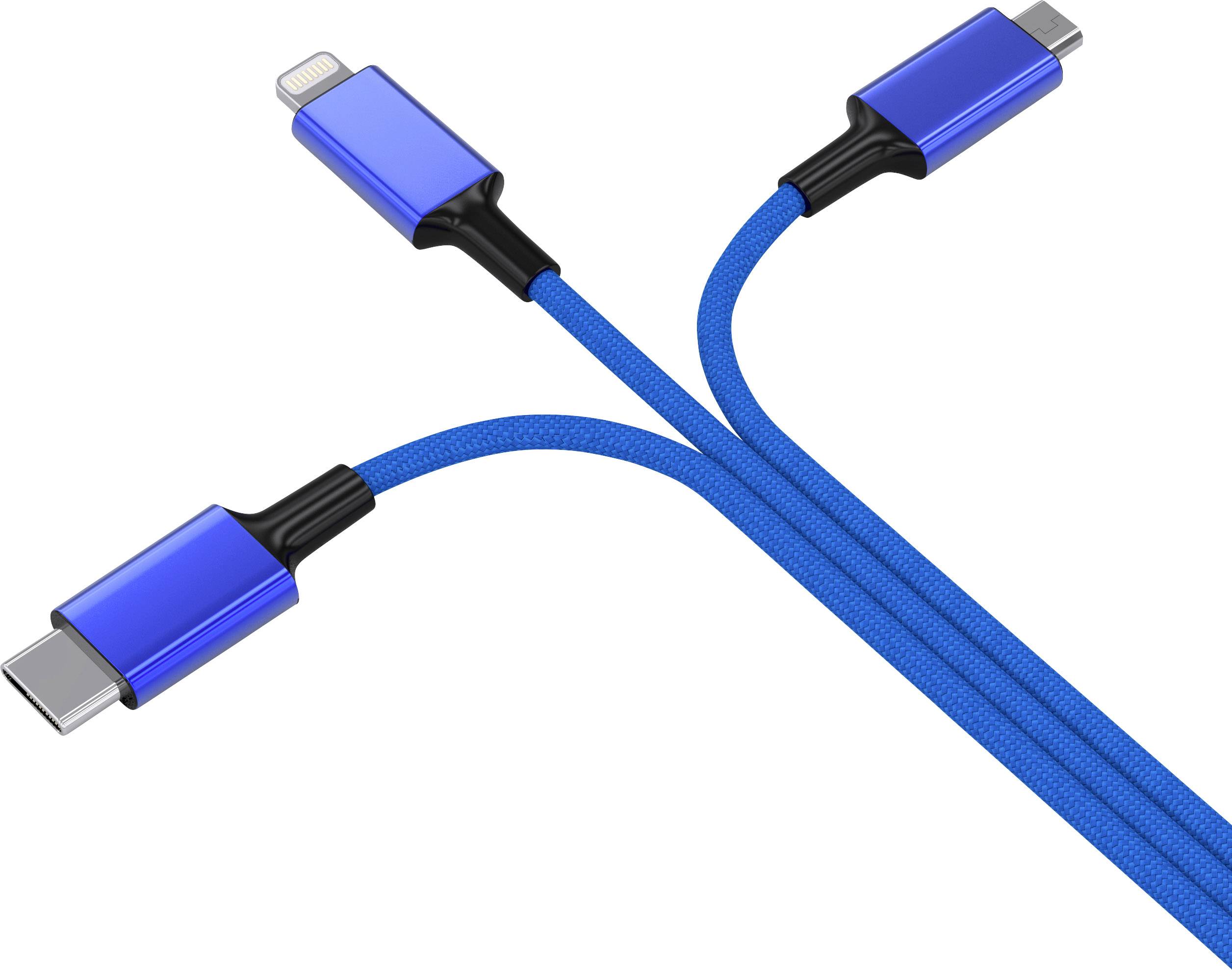 Trojcestný nabíjací kábel s modrým textilným obalom a konektormi pre Typ-C, Micro-USB a Lightning.