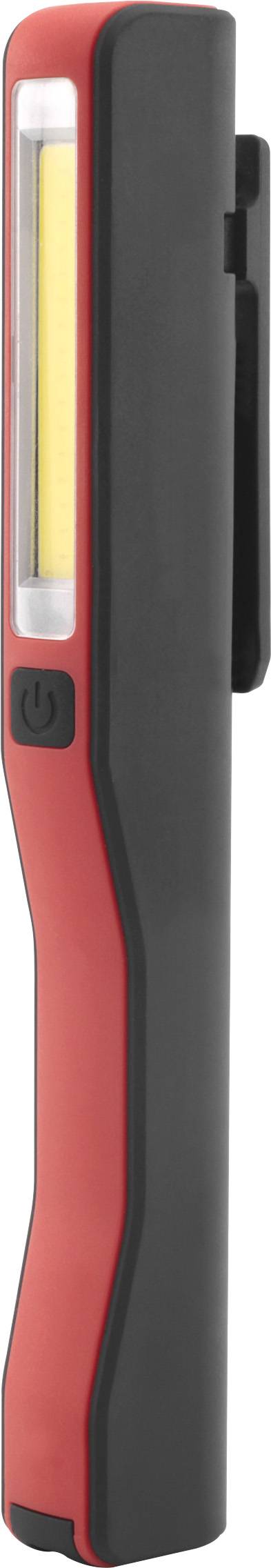 Červená a čierna LED baterka v tvare pera s bočným klipom a žltým LED prúžkom. Ideálna pre praktické svietenie.