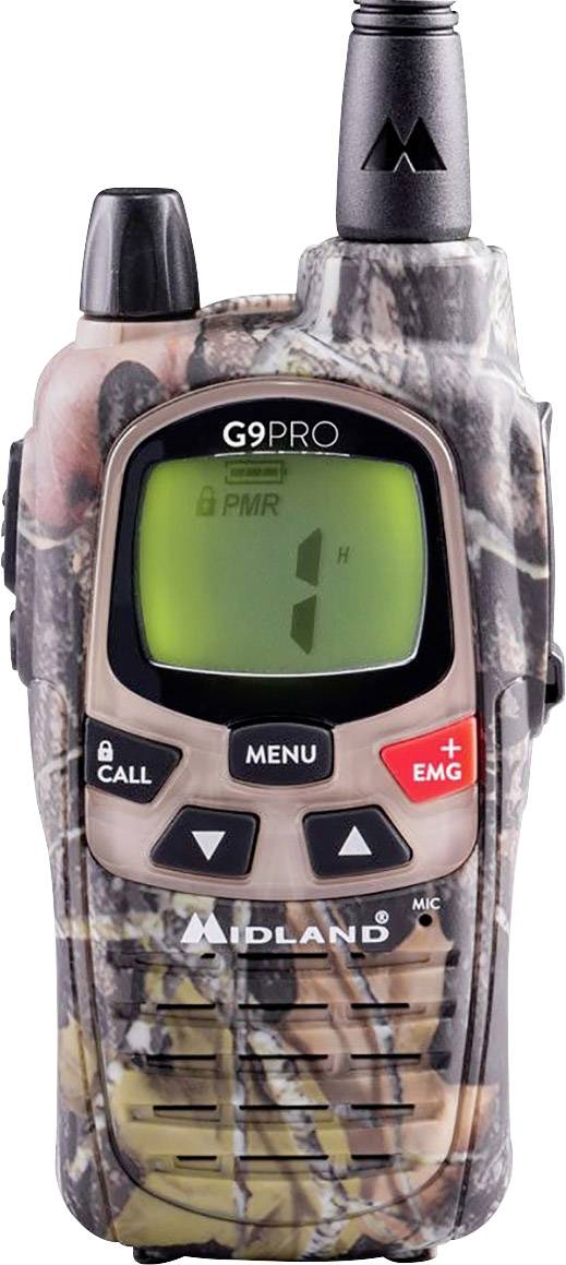 Rádiostanica modelu 'Midland G9 PRO' s digitálnym displejom, tlačidlami a maskáčovým vzorom. Displej zobrazuje: PMR kanál 1.
