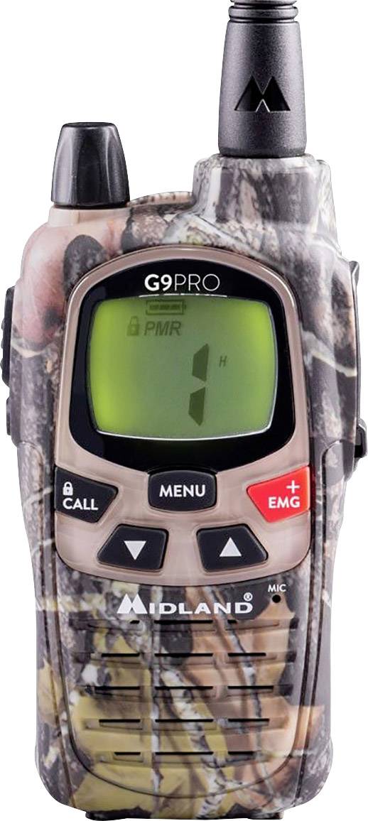 Prenosná rádiostanica značky Midland G9 Pro s maskovacím vzorom. Disponuje displejom, tlačidlami pre menu, hovor a tiesňové volanie.