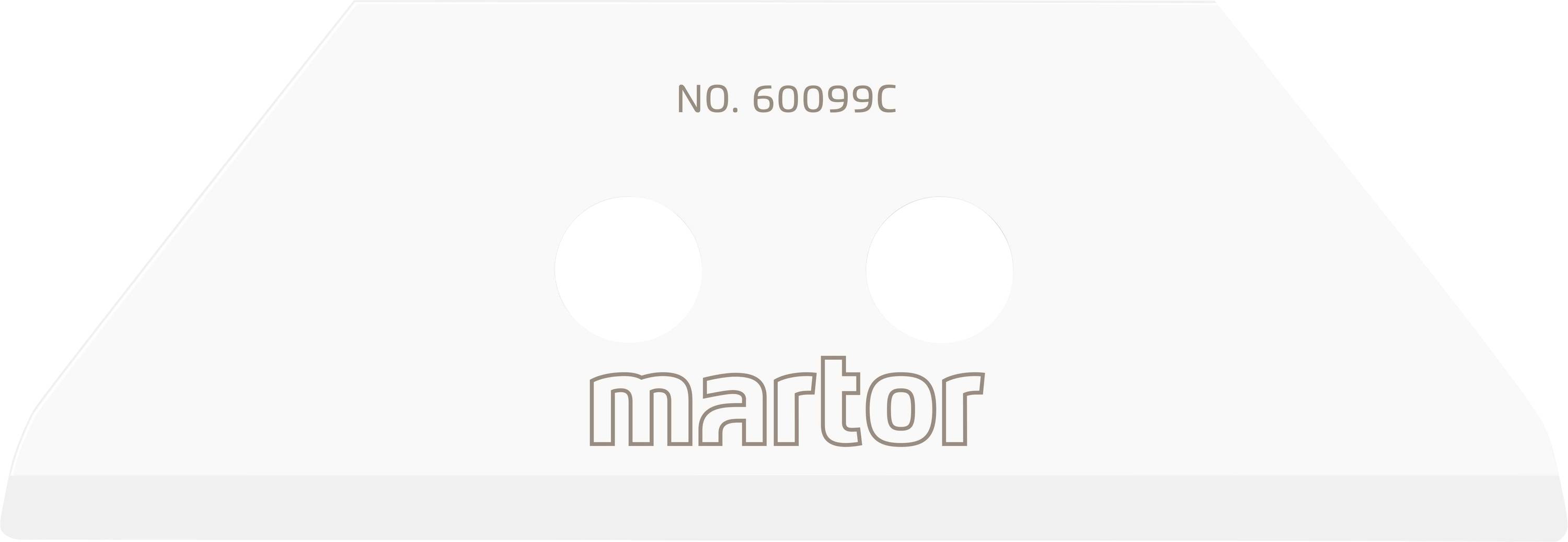 Náhradná čepeľ 'Martor', modelové číslo 60099C, z kovu s dvoma kruhovými otvormi v strede.