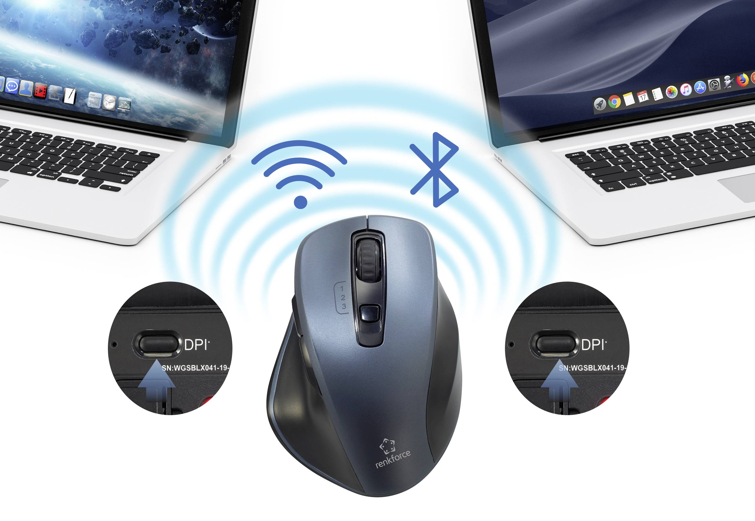 Bezdrôtová myš sa pripája k dvom laptopom; bluetooth a WiFi symboly ukazujú možnosti pripojenia.