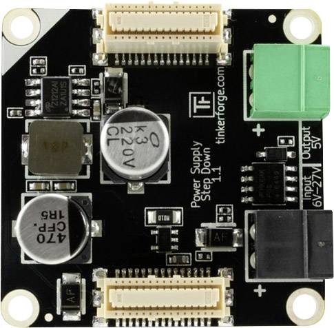 Napájací zdroj: Elektronický komponent na dodávku elektrického napätia, s konektormi a elektronickými súčiastkami, označený '5V'.