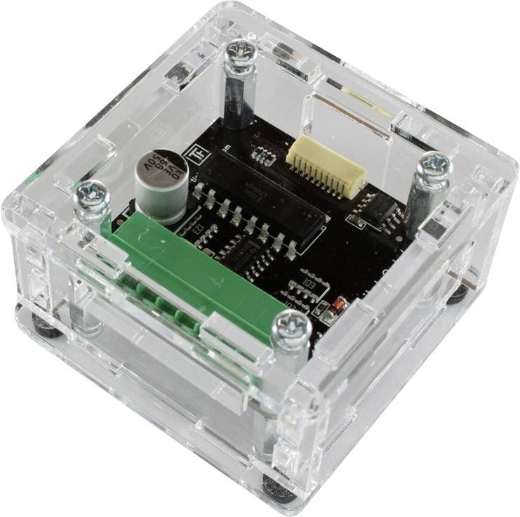 Elektronický modul v priehľadnom púzdre, zobrazuje dosku plošných spojov s kondenzátormi a elektrickými obvodmi, určený pre montáž alebo technický projekt.