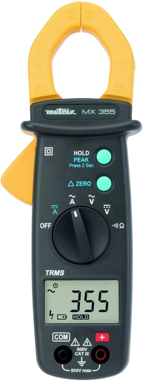 Digitálny elektromer s oranžovou svorkou. Displej zobrazuje '355'. Otočný prepínač pre módy, tlačidlo pre 'Hold' a 'Peak', niekoľko symbolov.