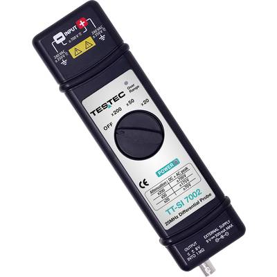 Diferenciálny sondový nadstavec TT-SI 7002 od spoločnosti Testec s prepínačom na nastavenie intenzity a ovládacími pokynmi na prednej strane.