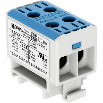 Modrá a biela elektrická svorka s informáciami o výrobcovi a technickými špecifikáciami na povrchu.