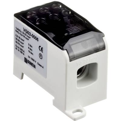 Čierna elektrická súčiastka s potlačou 'VG03-0006', vhodná pre káble s prierezom 10-70 mm², s označením CE, triedy A.