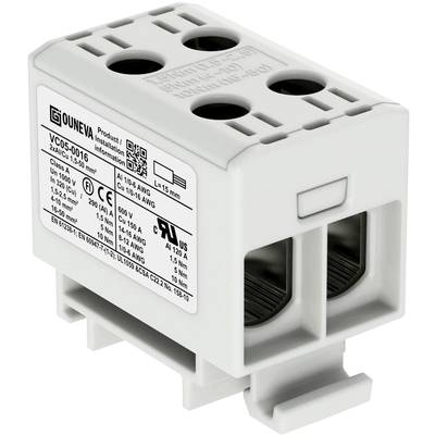 Sivý elektrický rozvodný blok s tromi zásuvkami, na ktorého boku sú vytlačené technické špecifikácie. Vhodný pre káble 6-16 AWG.