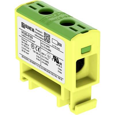 Žltý, zelený elektrický konektor s výrobným štítkom zobrazuje technické špecifikácie a certifikácie na prednej strane.