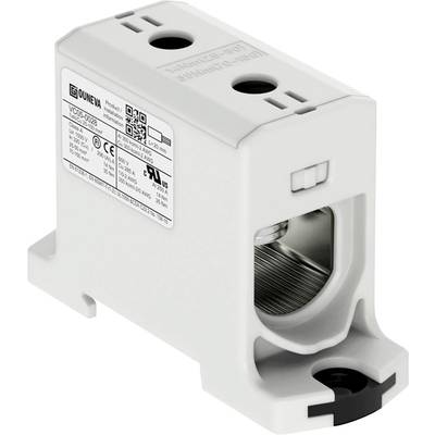 Biely elektrický svorkovnicový blok s technickými špecifikáciami na nálepke. Vhodný pre priemyselné aplikácie.