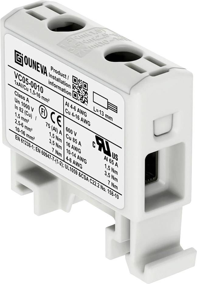 Elektrický svorkovnicový blok, biely, s technickými špecifikáciami na etikete, napríklad rozsah napätia a veľkosť kábla.