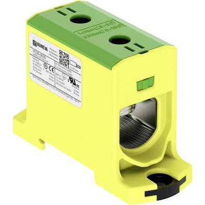 Prúdový senzor v žltom puzdre so zeleným krytom, štítok s technickými špecifikáciami, používaný na monitorovanie prúdu v elektrických systémoch.