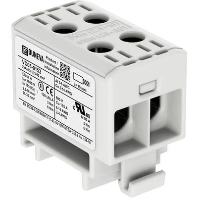 Šedý elektrický konektor s jasne viditelnými otvormi a vytlačenými technickými špecifikáciami.
