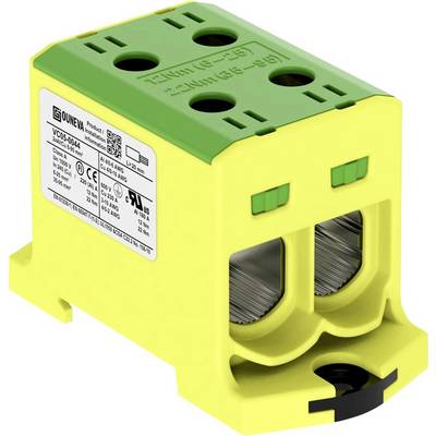 Žlto-zelený pripájací blok s vytlačenými technickými detailmi, ideálny pre priemyselné alebo elektrotechnické aplikácie.