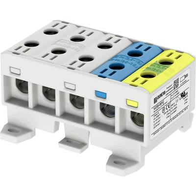 Biela elektrická pripojovacia svorka s piatimi káblovými vstupmi v farbách biela, modrá, zelená a žltá.