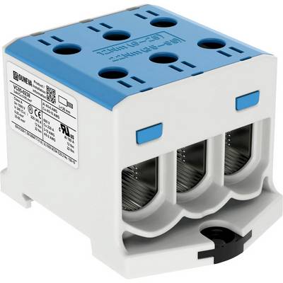 Trojpólový elektrický adaptér zbernicovej lišty v modro-bielom puzdre s technickými špecifikáciami na boku.