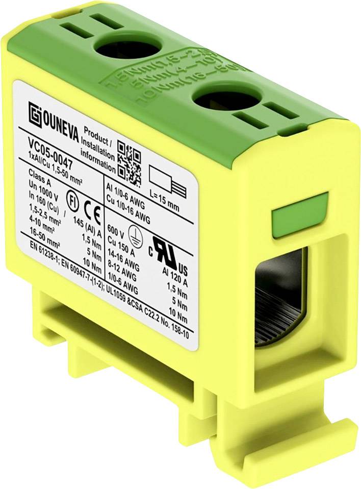 Žlto-zelený elektrický konektor od G. Ouneva, model VC05-0037, vhodný pre hliníkové a medené káble, so špecifikáciami na etikete.