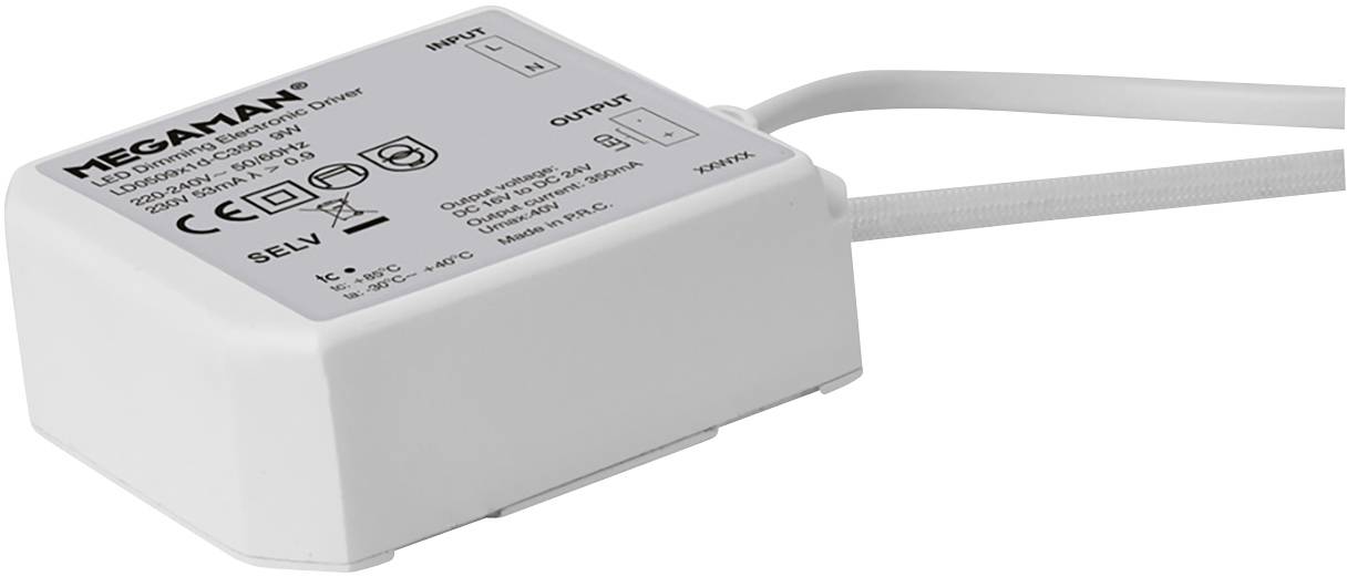 LED driver od spoločnosti Megaman s technickými špecifikáciami a označeniami, vhodný pre aplikácie v osvetlení.