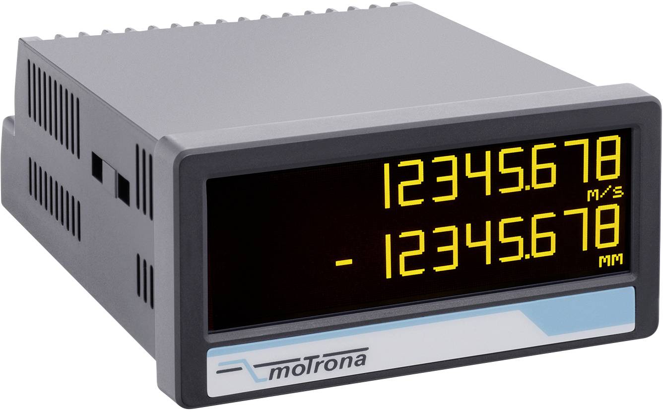 Digitálny displej so žltou LED indikáciou zobrazuje hore '12345,678 m/s' a dole '-12345,678 mm'. Značka 'moTrona' dole.