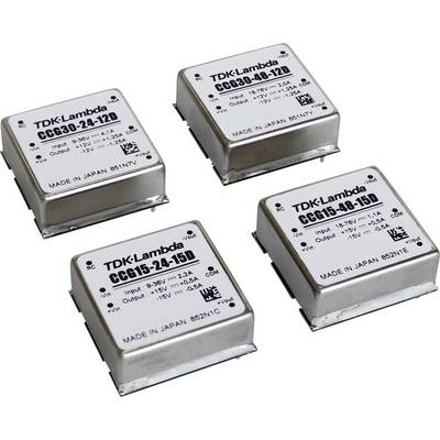 Štyri strieborné elektronické moduly od TDK-Lambda s technickými špecifikáciami na každom module, usporiadané v dvoch radoch.