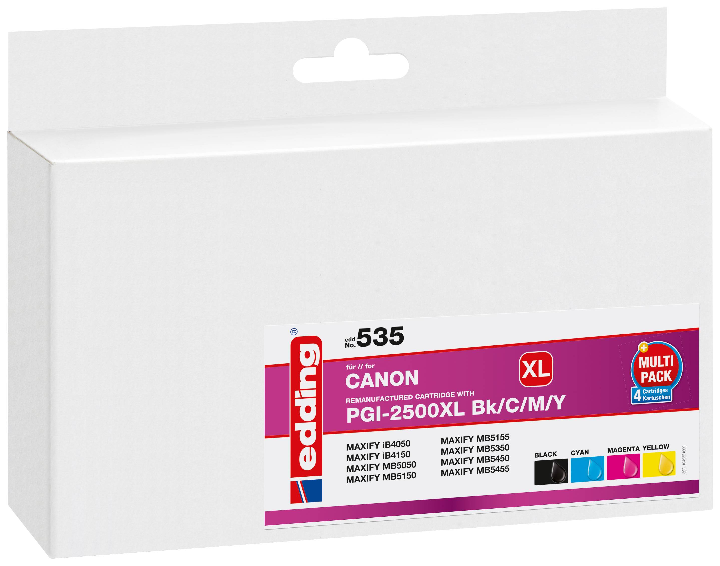 Súprava atramentových cartridgí Canon PGI-2500XL, kompatibilná s modelmi tlačiarní MAXIFY MB5450, MB5350, MB5050, MB5150. Farby: čierna, azúrová, purpurová, žltá.