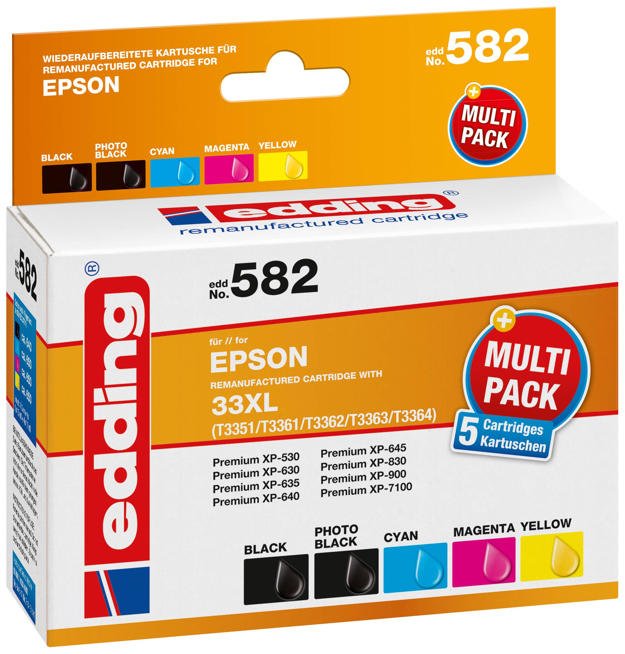 Viacfarebné balenie atramentových cartridgí pre tlačiarne Epson, 5 cartridgí. Kompatibilné s tlačiarňami Epson XP-530, XP-630, XP-830.