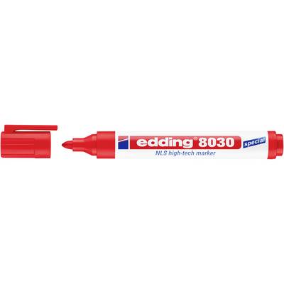 Červená ceruzka s nápisom 'edding 8030 special NLS high-tech marker'.
