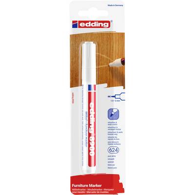 Značkovač na nábytok Edding v blistrovom balení, vhodný na zakrytie škrabancov na drevenom nábytku. Šírka stopy 1-2 mm, farba biela.