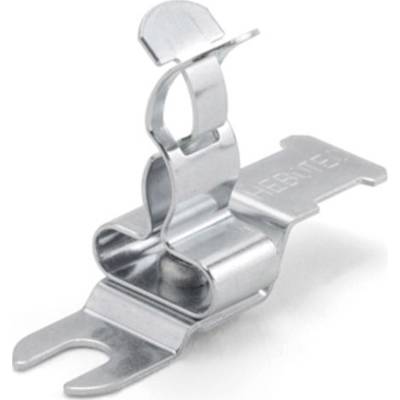 Kovová konzola s ohnutou svorkou, vhodná na upevnenie na koľajnicu.