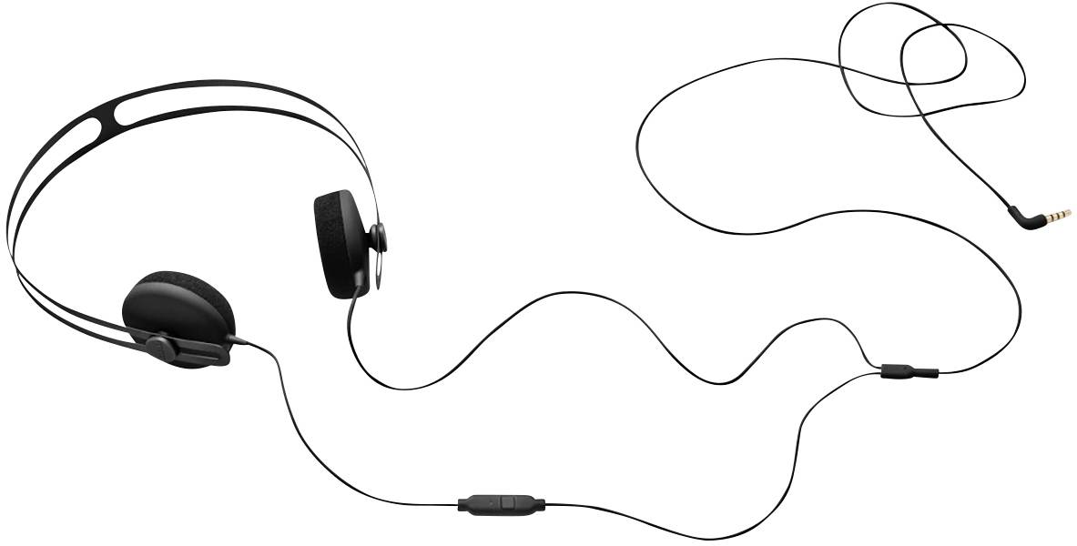 Čierne káblové slúchadlá s ľahkou náhlavnou páskou a 3,5 mm jack konektorom, vhodné pre prehrávanie hudby alebo zvuku.