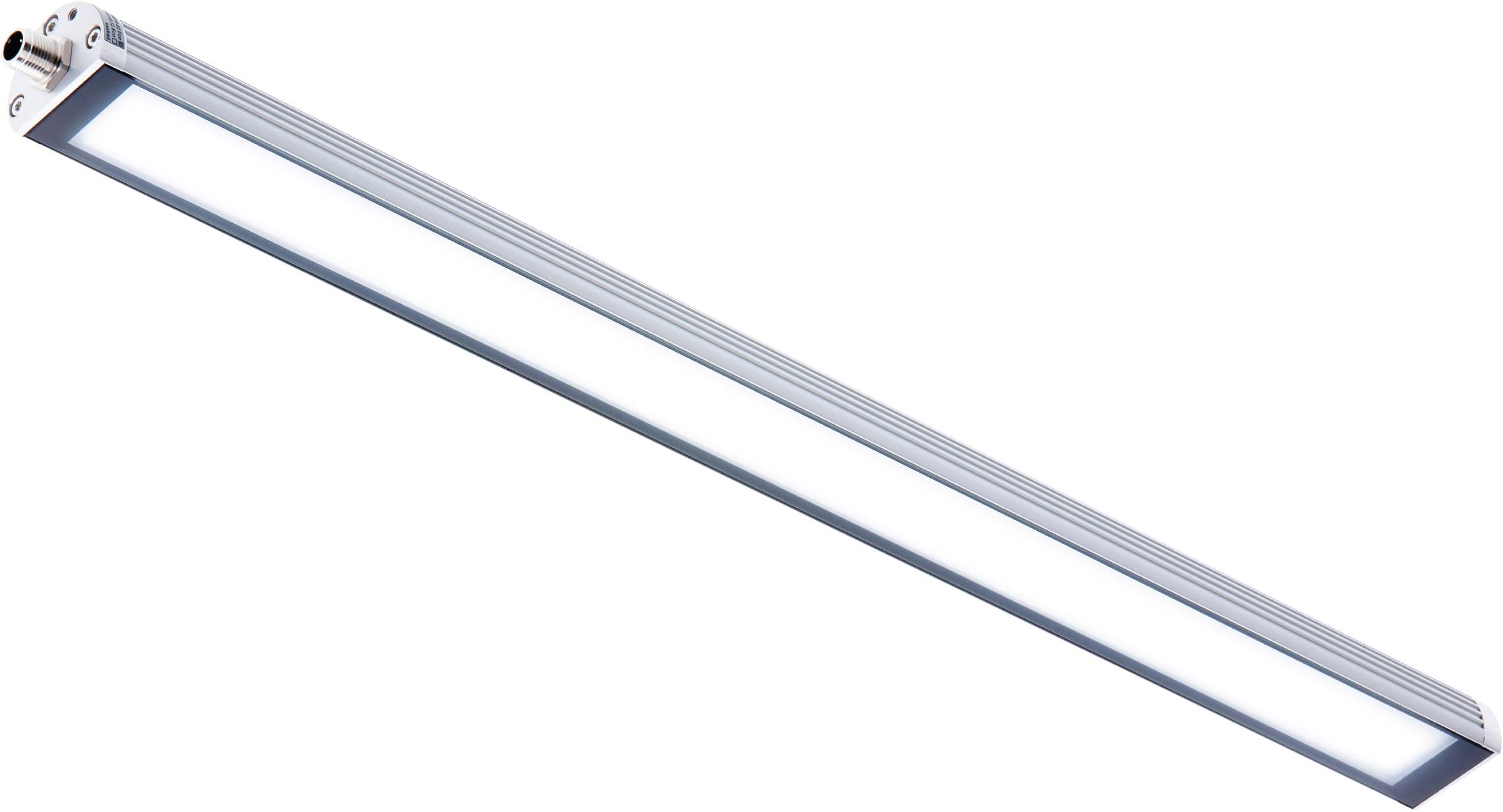 Podlhovkatá LED lampa s kovovým rámom, sviatiaca na bielo, umiestnená v diagonálnej polohe. Vhodná pre moderné svetelné riešenia.
