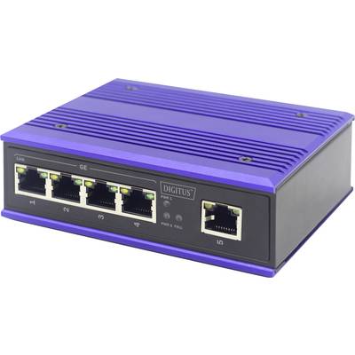 Modrý sieťový switch s piatimi ethernetovými portami, ideálny na prepojenie viacerých zariadení v počítačovej sieti.